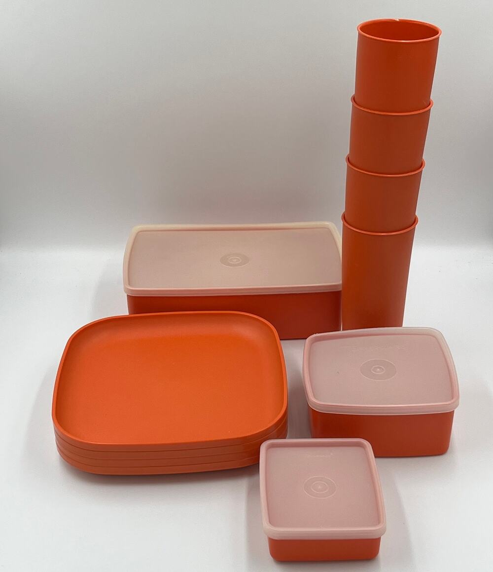 Vintage Tupperware Orange Picnic Tumblers Plates Storage Containers